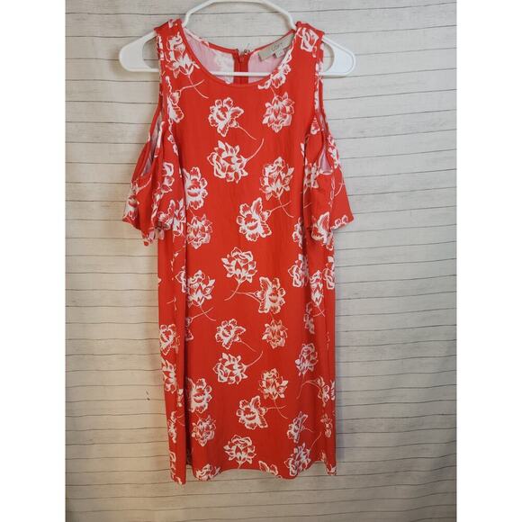 LOFT Floral Cold Shoulder Dress in Bright Red, sz 4 - Picture 1 of 10